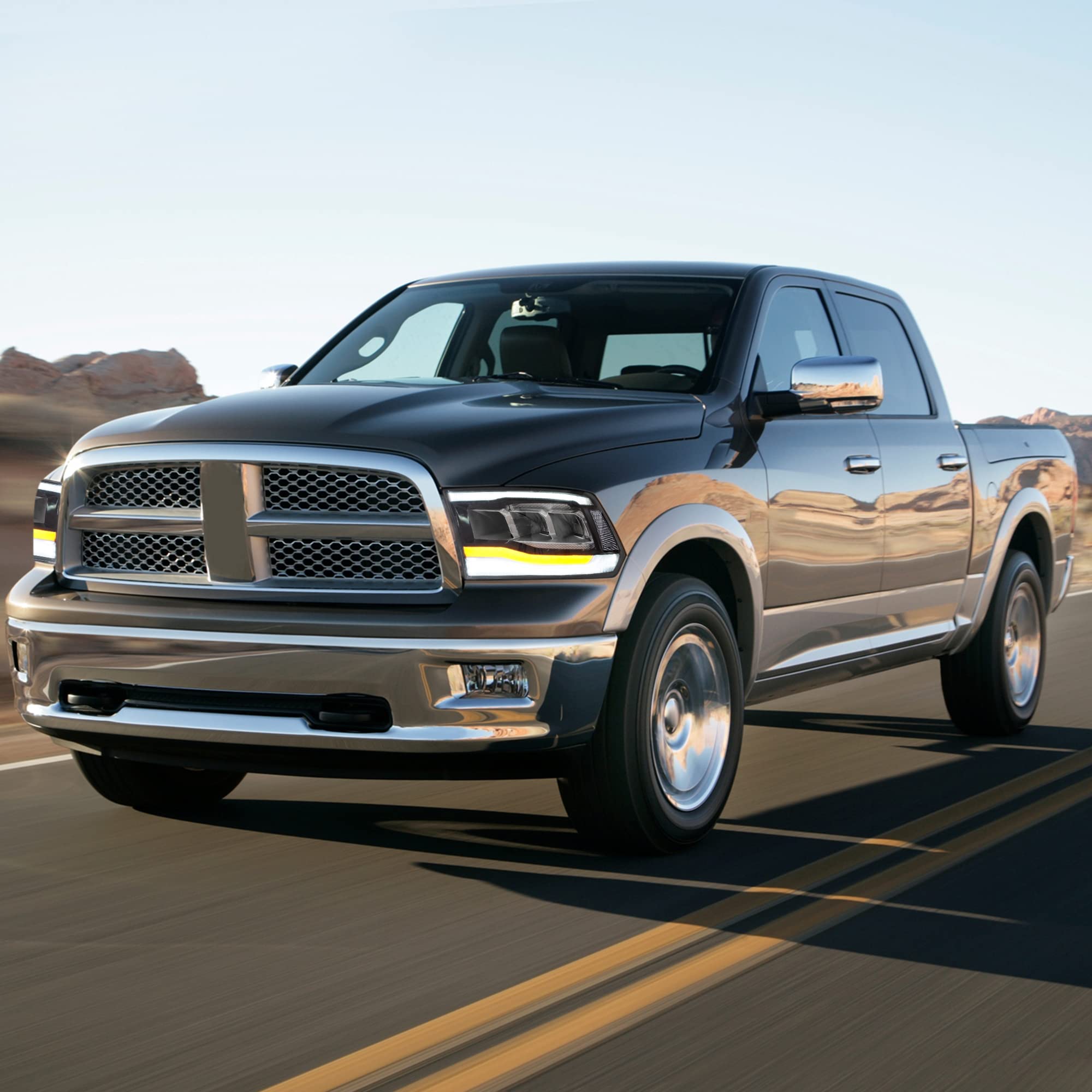 VLAND Motor LED Headlights compatible with RAM 1500 2500 3500 2009-2018 & RAM 1500 Classic 2019-2021, w/Startup dynamic display & Blue to white changing, Passenger & Driver Sides - Clear reflector