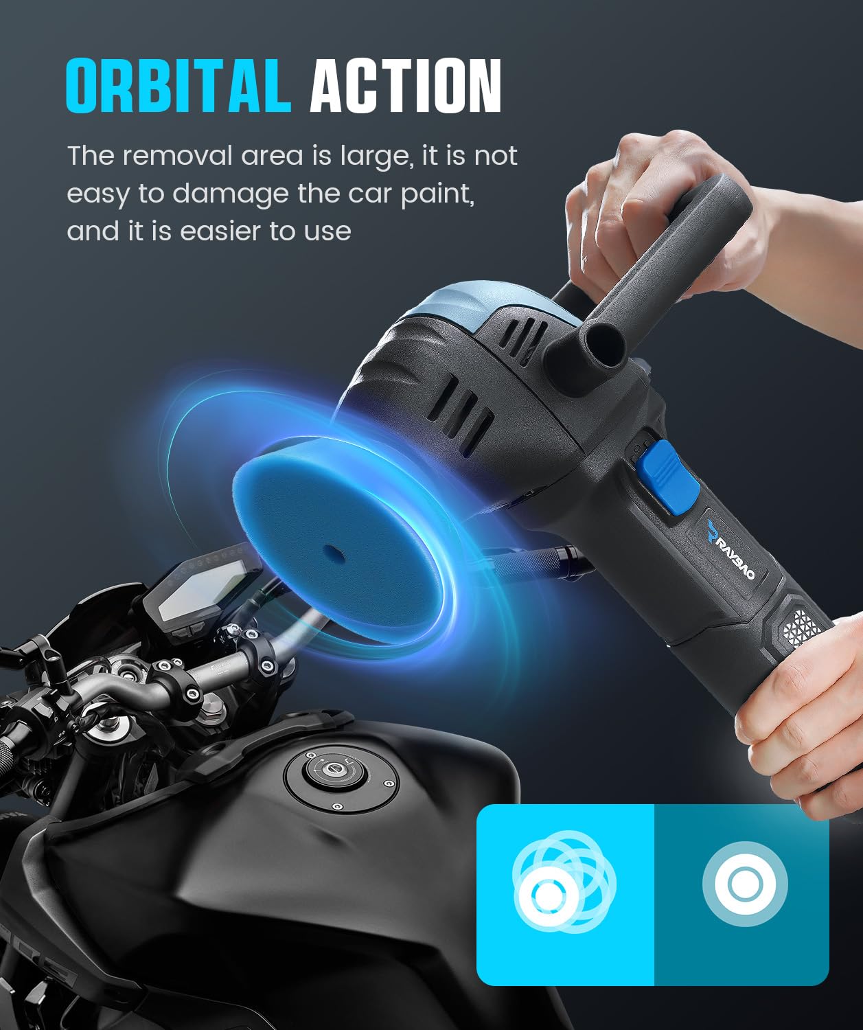 RAYBAO Car Polisher, 1200W Car Polishers and Buffers, Variable Speed 1600-3500RPM, Car Buffer Polisher Machine with Detachable Handle, 180mm/150mm Disc for Polishing/Waxing
