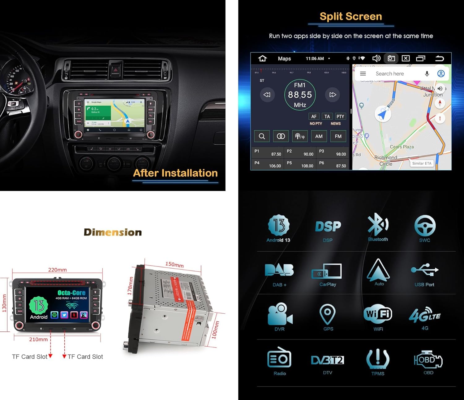 Erisin 7 inch 8-Core 4GB+64GB Android 13 Car Stereo Sat Nav For VW Polo Passat Golf MK5 MK6 Caddy EOS Seat Skoda CarPlay Android Auto DSP DAB+ Bluetooth GPS OPS WIFI 4G DVR CD Player Head Unit