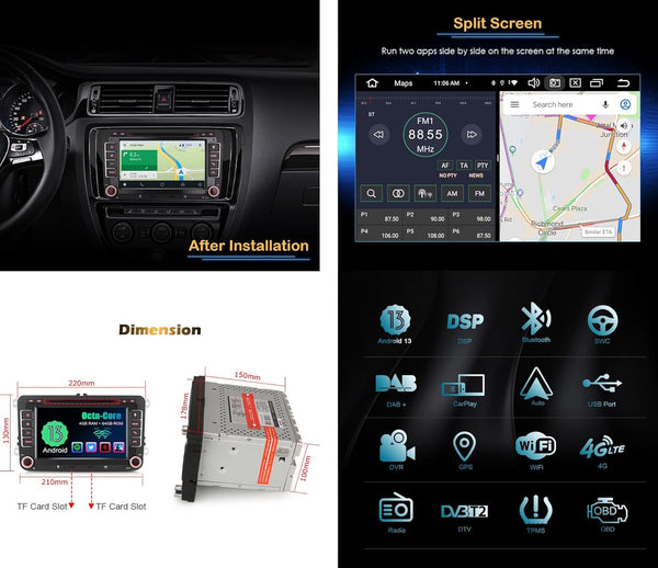 Erisin 7 inch 8-Core 4GB+64GB Android 13 Car Stereo Sat Nav For VW Polo Passat Golf MK5 MK6 Caddy EOS Seat Skoda CarPlay Android Auto DSP DAB+ Bluetooth GPS OPS WIFI 4G DVR CD Player Head Unit