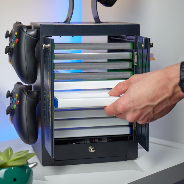 Numskull Official PS5-Inspired Gaming Accessory Locker & Storage Stand – Holds 10 Games/DVDs, 4 Controllers, Headset, and Accessories – Durable & Compact Organizer – Official PS5-Inspired Merchandise