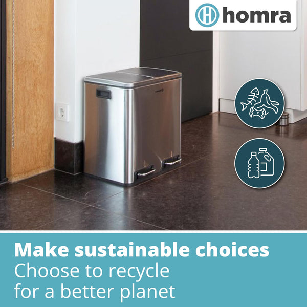 Homra Dual Kitchen Bin 30l  Double Rubbish Bins 2x15l  2 Compartment Pedal System  Twin Section Waste&Recycling Separation  Soft Close Design