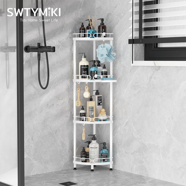 SWTYMIKI Corner Shower Caddy Standing - 4 Tier Stainless Steel Shower Organizer Stand with 4 Hooks & Soap Holder, Rustproof Metal Standing Tall Floor