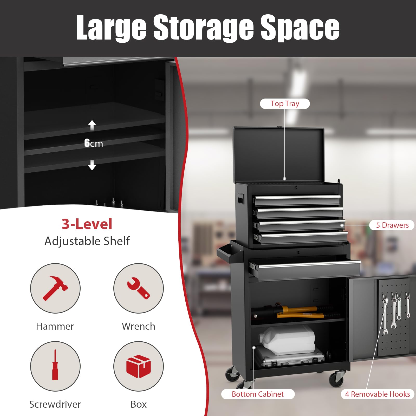 COSTWAY Large Rolling Tool Cabinet, 2-in-1 Detachable Metal Tool Chest with Drawers, Wheel, Handle, Hooks & Pegboard, Lockable Tool Box Trolley for Garage Workshop (with Middle Compartment, Black)