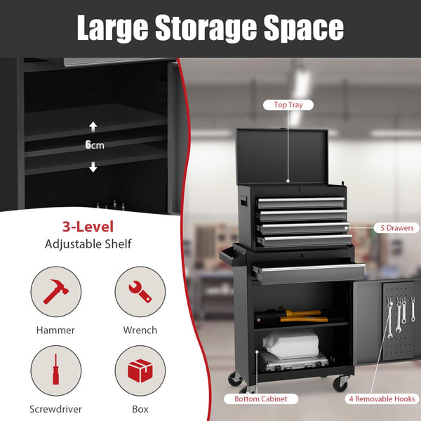 COSTWAY Large Rolling Tool Cabinet, 2-in-1 Detachable Metal Tool Chest with Drawers, Wheel, Handle, Hooks & Pegboard, Lockable Tool Box Trolley for Garage Workshop (with Middle Compartment, Black)