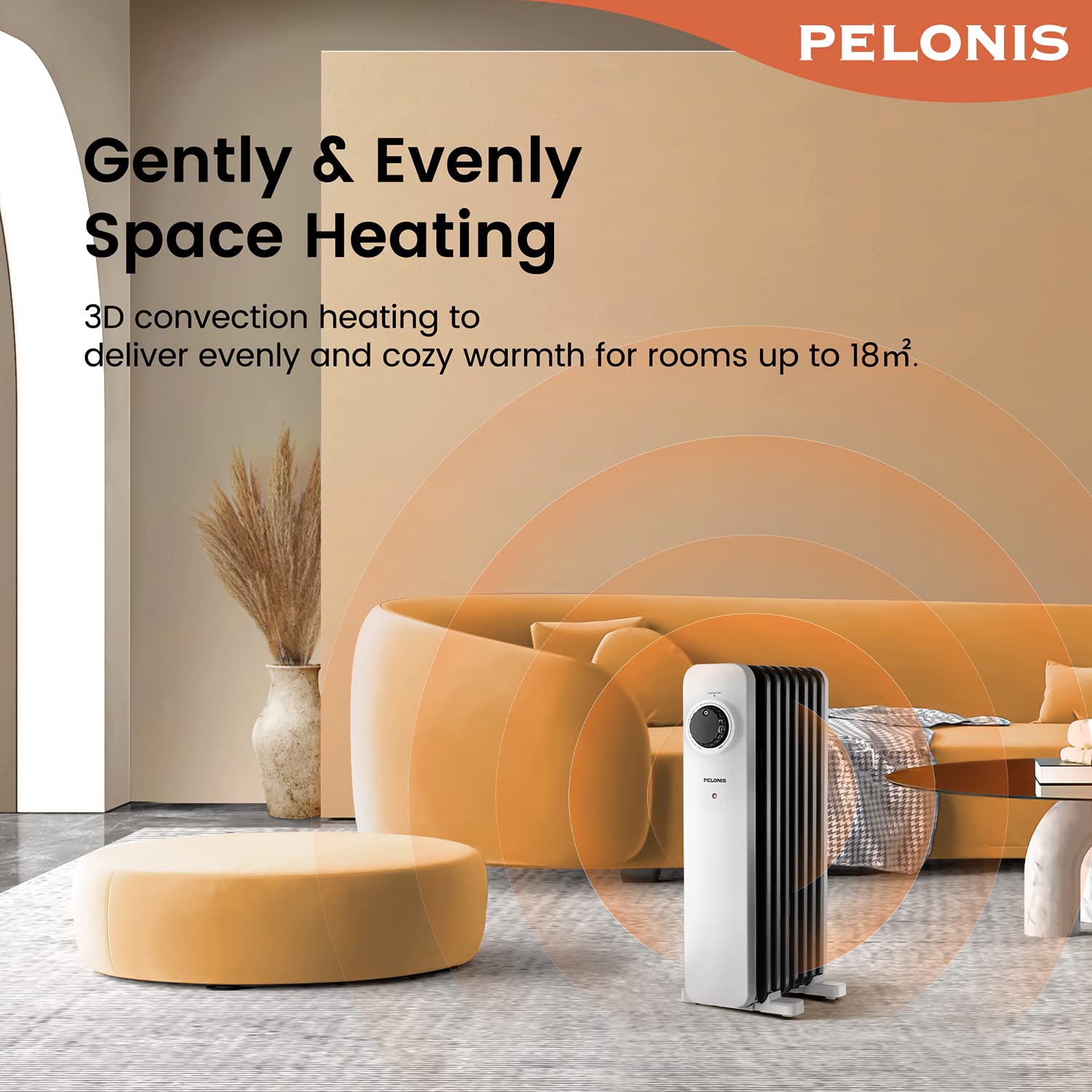 PELONIS Electric Radiator with Adjustable Thermostat and 3 Heat Settings, Oil Filled Heater with Overheat Protection (2500W, Knob Control)