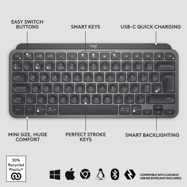 Logitech MX Keys Mini Minimalist Wireless Illuminated Keyboard, Compact, Bluetooth, Backlit, USB-C, Compatible with Apple macOS, iOS, Windows, Linux, Android, Metal Build - Graphite