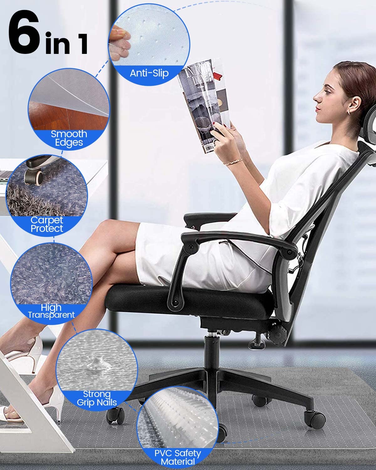 KALAHOL PVC Office Chair Mat for Carpet Floor, 90x120 cm (3'x4') Non-slip Carpet Protector Chair Mat, Rectangular Floor Protectors for Chairs,