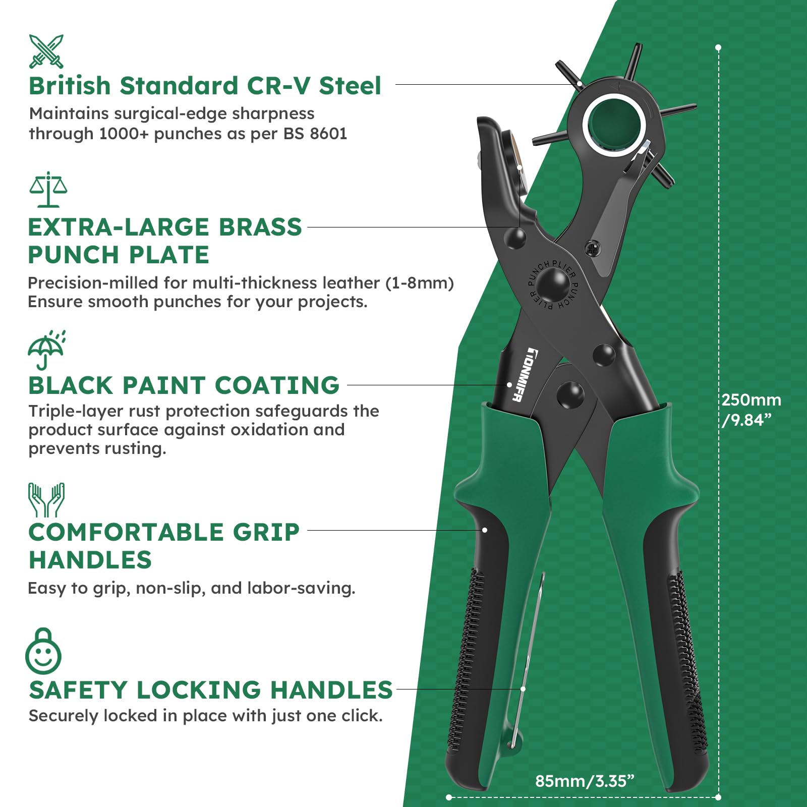 Professional Leather Hole Punch Plier - Tonmifr Heavy Duty 6 Sizes Belt & Watch Band Hole Puncher Tool, Leather Craft Tool for Belts, Handbags, Straps, Precision Ground Punches with Non-Slip Grips
