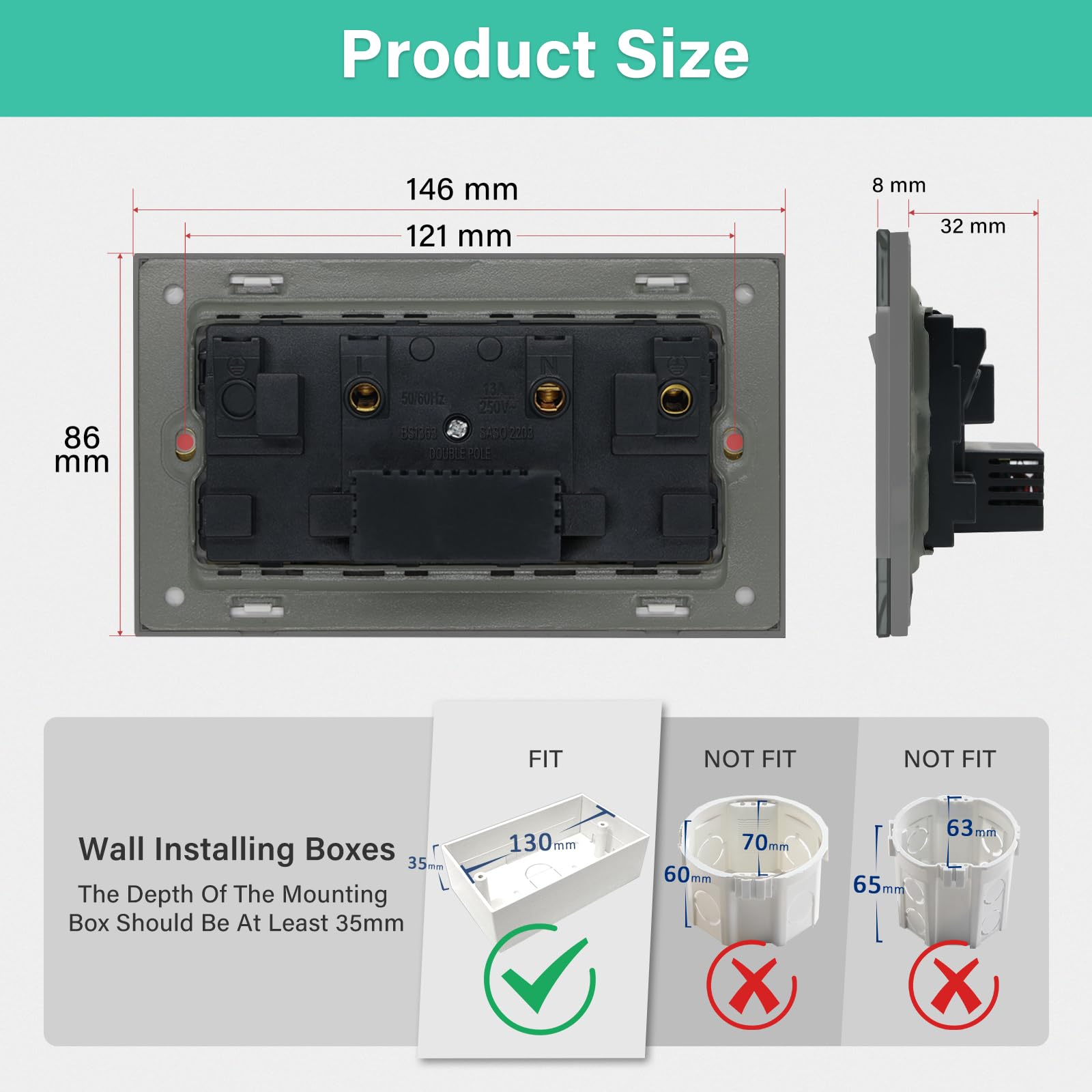 BSEED Double Socket 13A with LED Indicator, Double Switched Wall Socket 2 Gang UK Standard, Electric Switched Plug Power Wall Outlet with Glass Panel, Grey