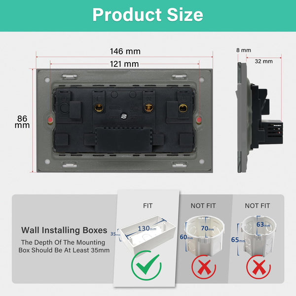 BSEED Double Socket 13A with LED Indicator, Double Switched Wall Socket 2 Gang UK Standard, Electric Switched Plug Power Wall Outlet with Glass Panel, Grey