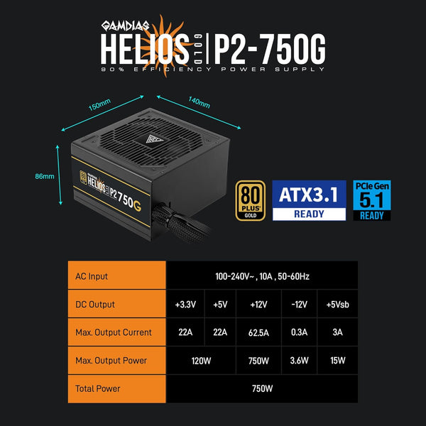 GAMDIAS HELIOS P2-750G Low-Noise ATX PC Power Supply, 80 PLUS Gold Non-Modular Computer PSU, ATX 3.1 & PCIe Gen 5.1 Ready, Native 12VHPWR Cable, Full DC-DC, LLC Resonant Circuit Design, Black