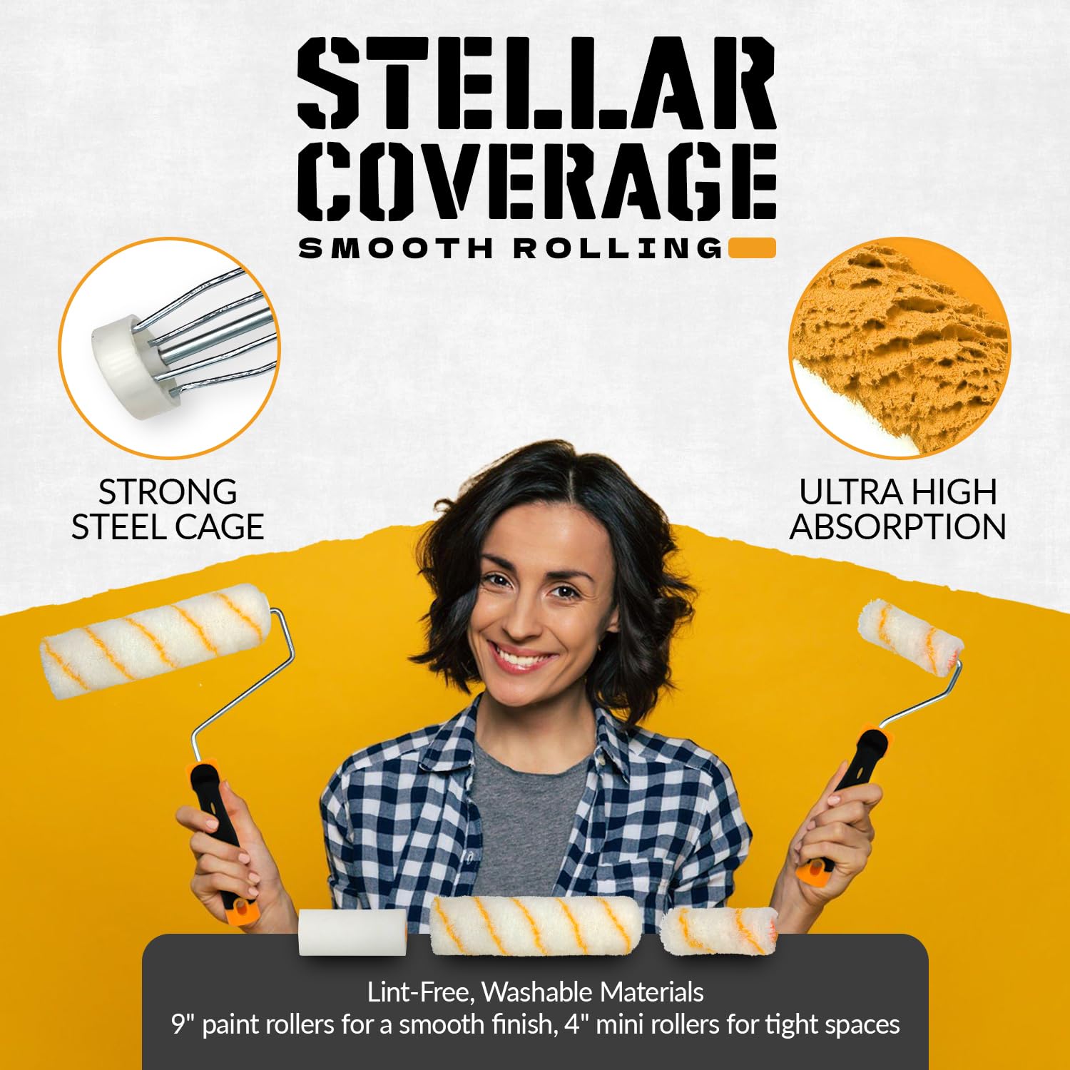 RAULDE 10 Pieces Paint Roller Set - Includes a Paint Tray, Brush, Large and Mini Rollers & Sleeves, Paint Repellent Masking Tape, Paint Mixer - Roller Set for Painting Walls, Edges & Ceilings