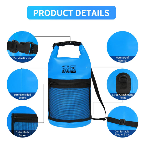 Bojury Waterproof Dry Bag Backpack 30L with Mesh Pocket Adjustable Strap - Roll Top Portable Dry Sack for Kayaking Boat Tour Canoe Swimming Snow Boarding-Blue Fishing Rafting
