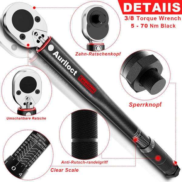 1/2" Torque Wrench Set, Car Wheel Torque Spanner 20-230 Nm with 3/8'' Adapter, ± 3% Accuracy, 72 Tooth for Car Repair, Tire Replacement Etc