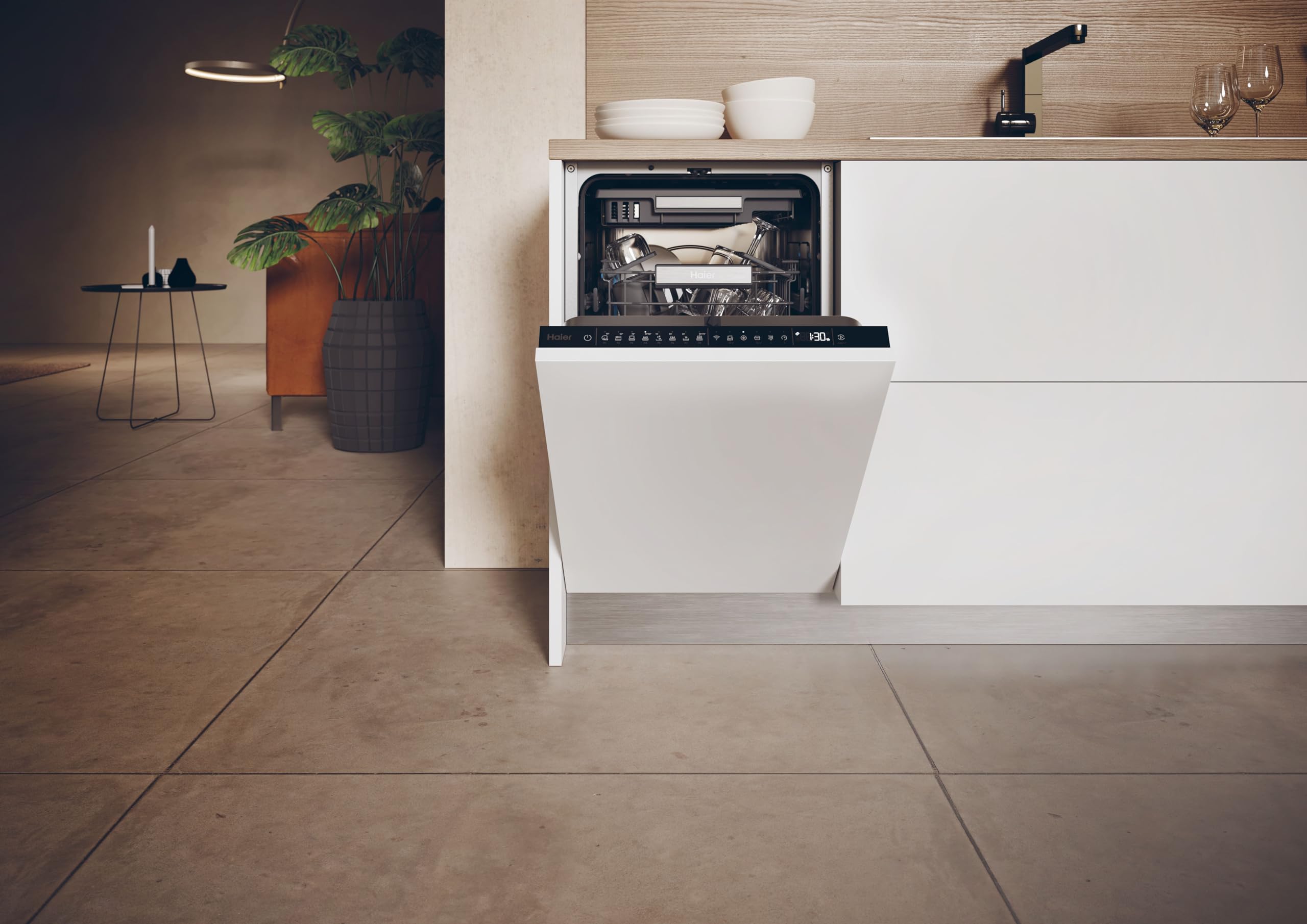 Haier XI1C3TB2FB-80 I-Pro Shine Series 4 Integrated Dishwasher, 11 place Setting, Black Bezel, C Rated