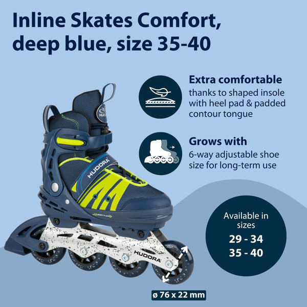 HUDORA Inline Skates Comfort - Inline skates for children & teenagers in various sizes Roller skates adjustable in width & length up to 6 sizes -