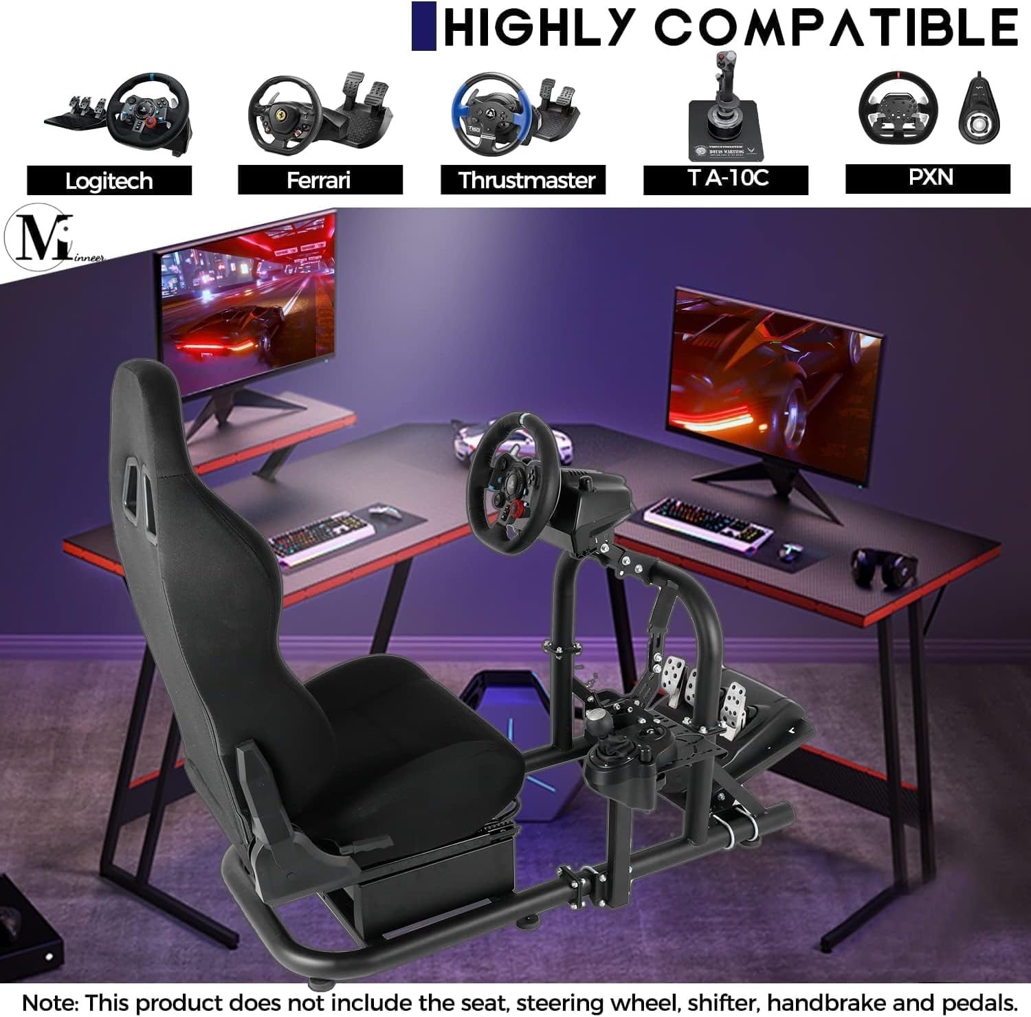 Minneer L-shaped Double Arms Racing Simulator Cockpit Fit for Logitech Fanatec Thrustmaster G27 G29 G920 G923 T300RS Large Round Tube Driving Wheel Stand Not Included Wheel Pedal Handbrake and Seat