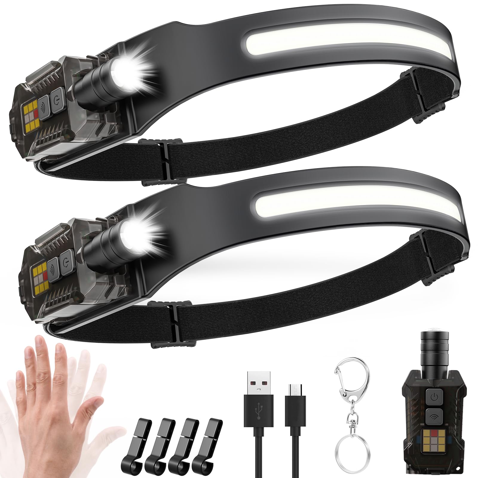 Head Torch Rechargeable,2000 Lumens Super Bright 230° Wide Beam Adjustable Focus Headtorch With Motion Sensor,9 Modes With UV Light,Detachable Magnetic Lightweight Headlamp For Running,Camping,Hiking