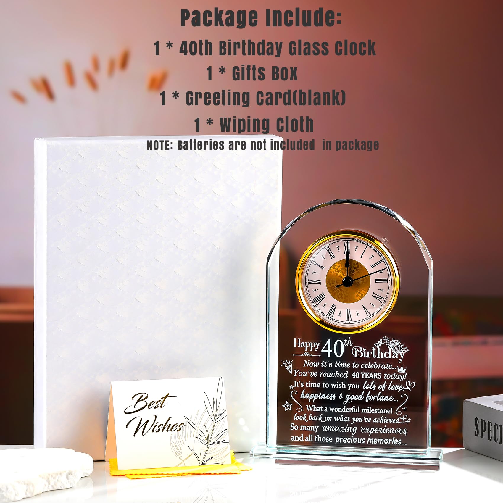 Happy 40th Birthday Quartz Clock Gifts for Women Men, Glass Birthday Keepsake for 40 Years Old Ladies, Birthday Presents for Friends Turning 40 Years