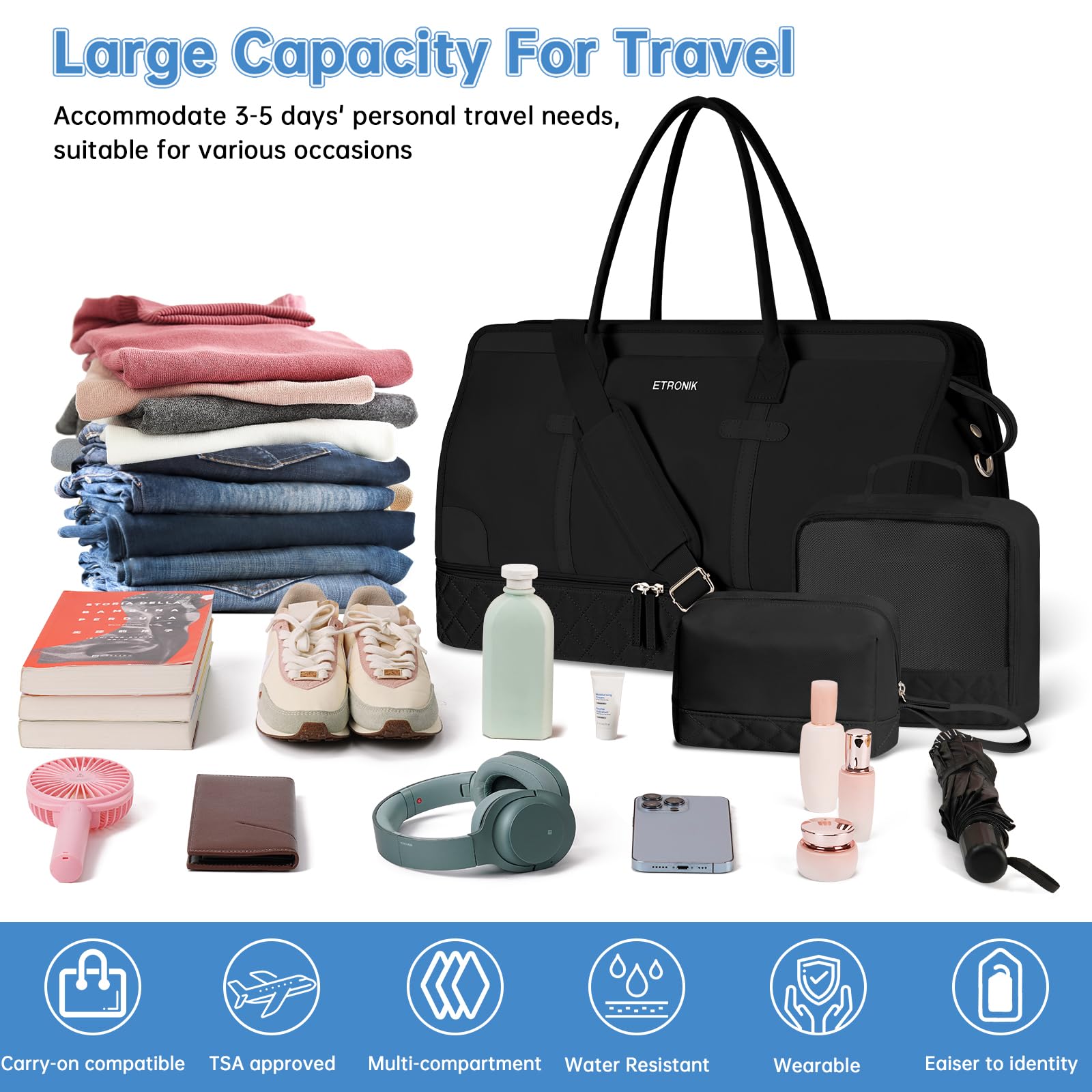 ETRONIK Weekend Overnight Bag for Women, Large Travel Duffle Bag with Shoe Compartment & Wet Pocket, Carry On Tote Bags Gym Duffel Bag with Toiletry Bags for Hospital 3 Pcs Set, Black