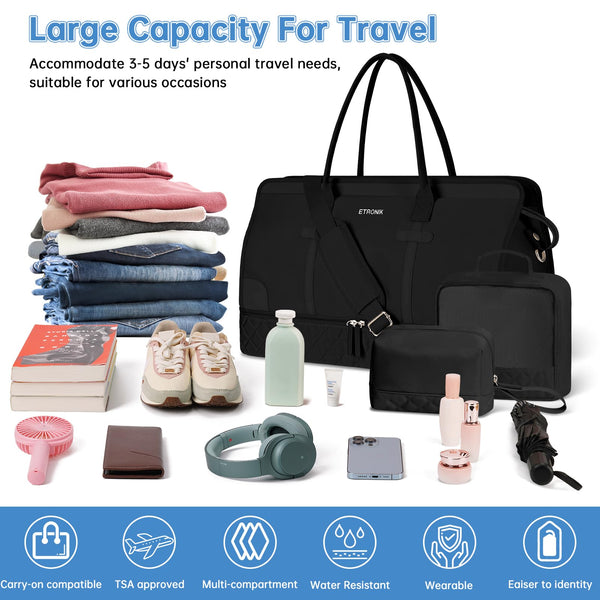 ETRONIK Weekend Overnight Bag for Women, Large Travel Duffle Bag with Shoe Compartment & Wet Pocket, Carry On Tote Bags Gym Duffel Bag with Toiletry Bags for Hospital 3 Pcs Set, Black