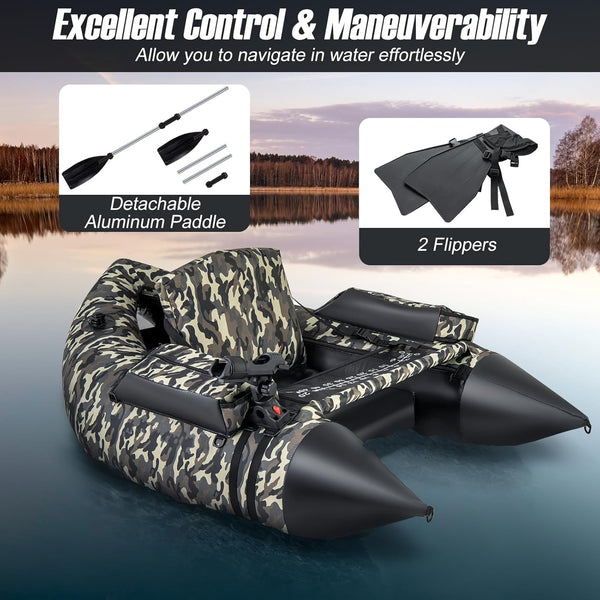 COSTWAY Inflatable Fishing Float Tube, Fishing Boat with Pump, Adjustable Shoulder Straps, Paddle, 2 Pockets, Fish Ruler, Rod Holder & Flippers, 150kg Load Capacity Adult Belly Boat, 150 x 110 x 50cm