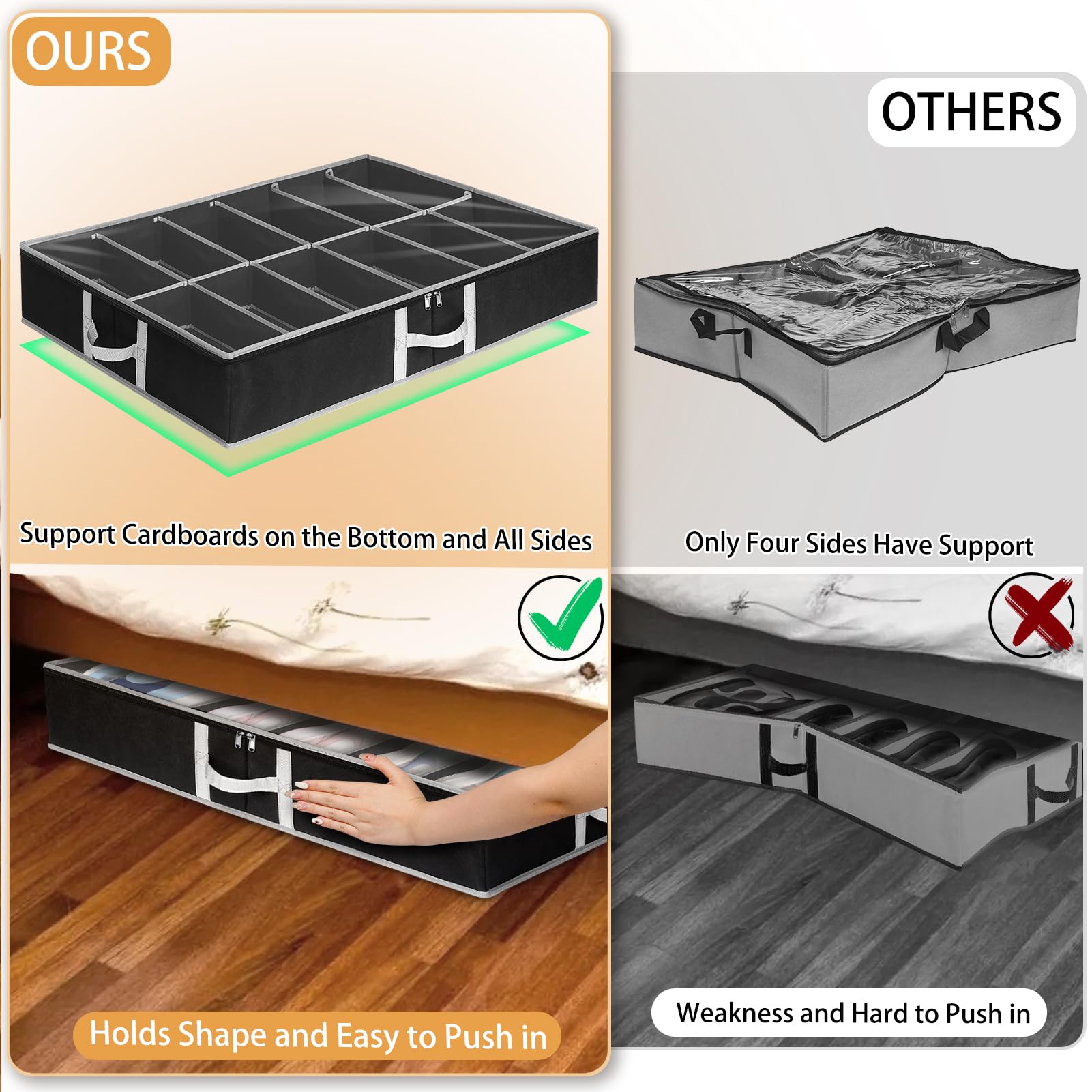 2 Pack Under Bed Shoe Storage Organiser, Fits 24 Pairs, Adjustable Velcro Underbed Shoe Box W/ Bottom & Side Support and Reinforced Handles, Foldable