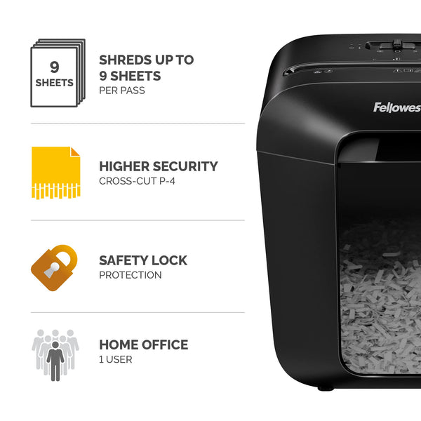 Fellowes Paper Shredder for Home Office Use - 9 Sheet Cross Cut Shredders Home Use - Shredder with 17L Bin & Safety Lock - Powershred LX50 - Shreds 31 Sheets in One Minute - High Security P4 - Black