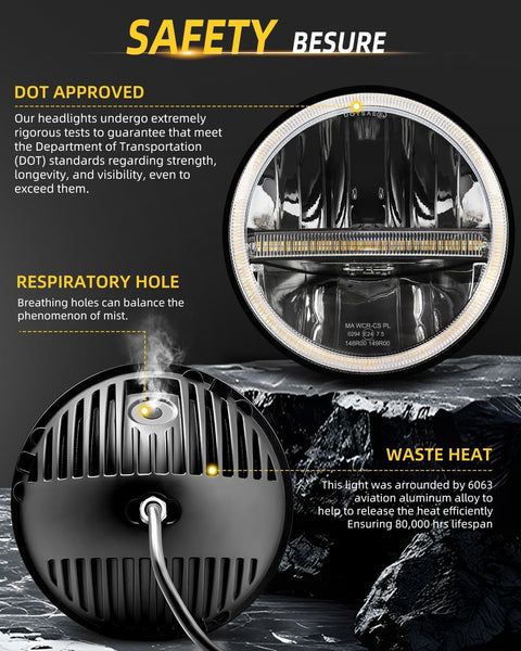 CO LIGHT 2PCS 7 Inch LED Headlight Round Amber Turn Signal White DRL High/Low Beam E-Mark Approved Compatible with Wrangler JK LJ TJ CJ 1965-1978 Escort Mk1（H4-H13 Adapter Included）