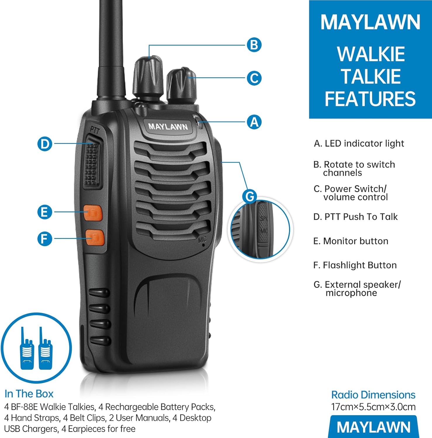 Maylawn Walkie Talkies Pack of 4, Long Range Walkie Talkies for Adults with Rechargeable Batteries, Portable 2 Way Radio with LED Light Earpieces 16CH Supports VOX Function (PMR446)
