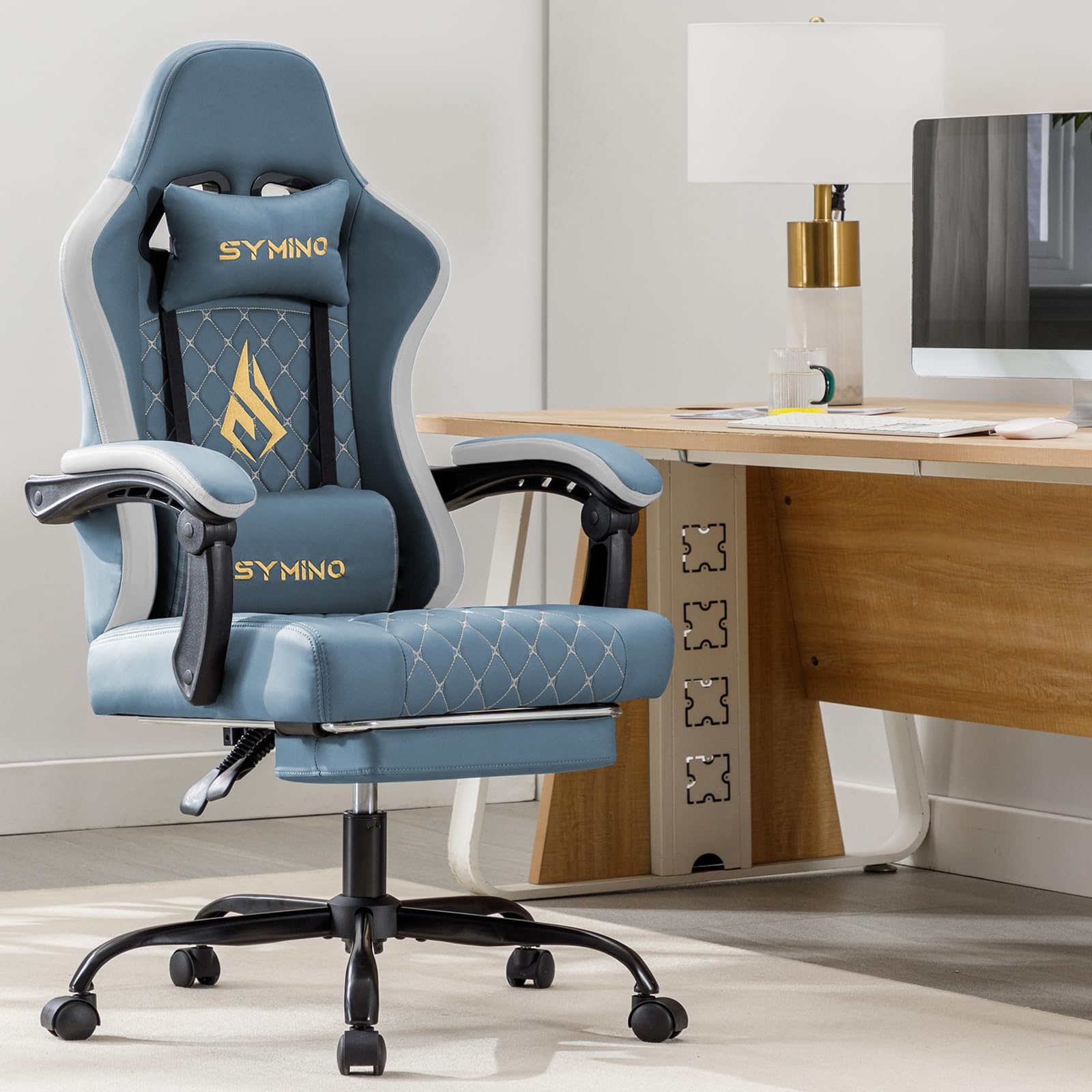 Symino Gaming Chair with Footrest, Computer Ergonomic Video Game Chair, Adjustable Swivel Task Chair with Lumbar Support, PC Chair, Office Chair PU Leather, Grey&White