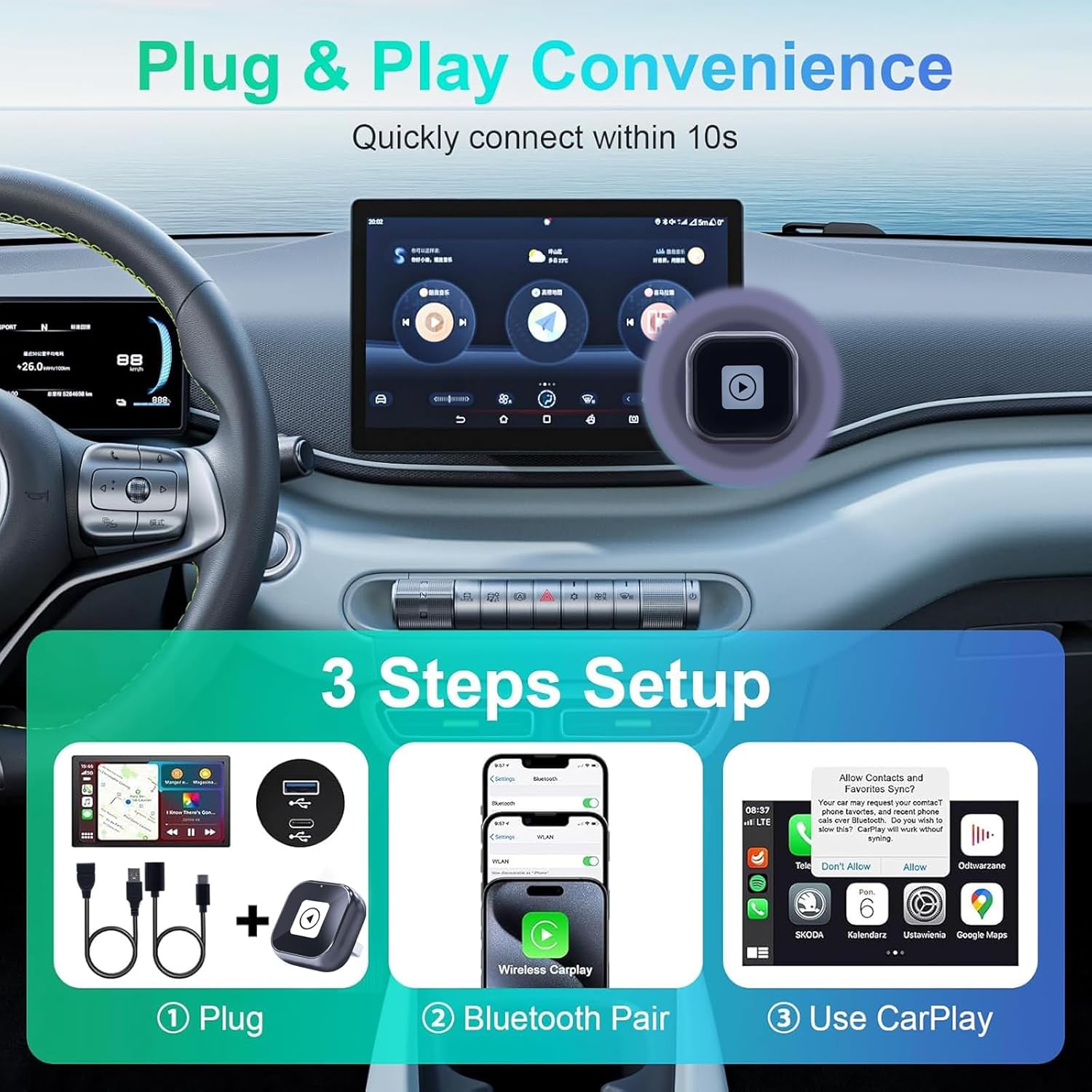 Aieloar Wireless CarPlay Adapter for iPhone – 5s Auto-Connect, Angled Plug & Play
