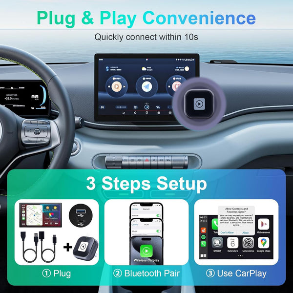Wireless Carplay Adapter (2025 Upgrade),Plug and Play Convert Wired to Wireless Bluetooth Carplay Adapter Compatible with iPhone iOS 10+,- No Latency