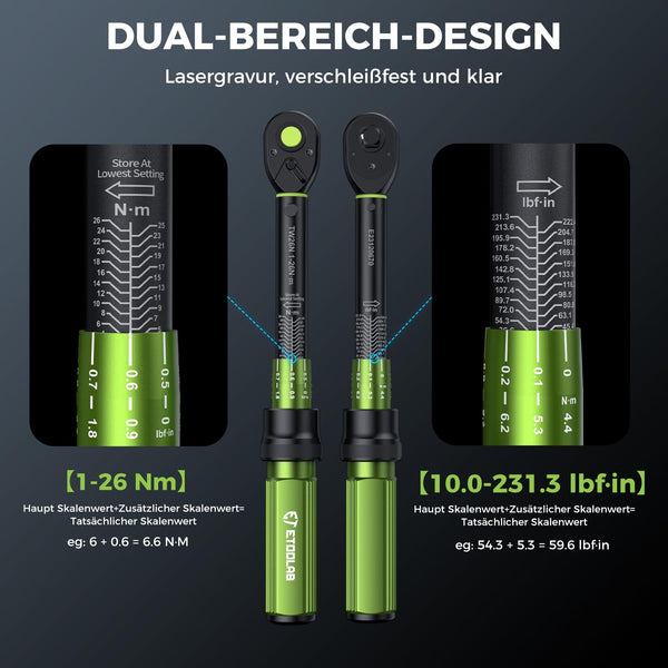 ETOOLAB 1/2 Torque Wrench Dual-Range【20-230Nm/10-170lbf-ft】±3% Precision, 72 Tooth Dual-Direction Adjustable Torque Wrench for Bicycle, Moto, Car Maintenance—3pcs