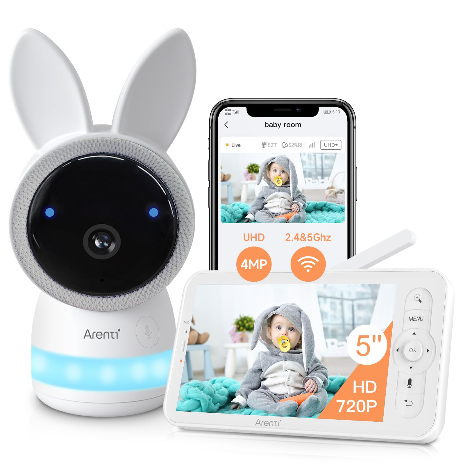 ARENTI 2.5K 5Ghz&2.4G Wifi Baby Monitor with Camera,5-inch 720P Display,Night Vision,Pan Tilt,Night Light,Auto Track,3350mAh Battery,Cry&Motion Detection,2-Way Talk,App&Screen Control