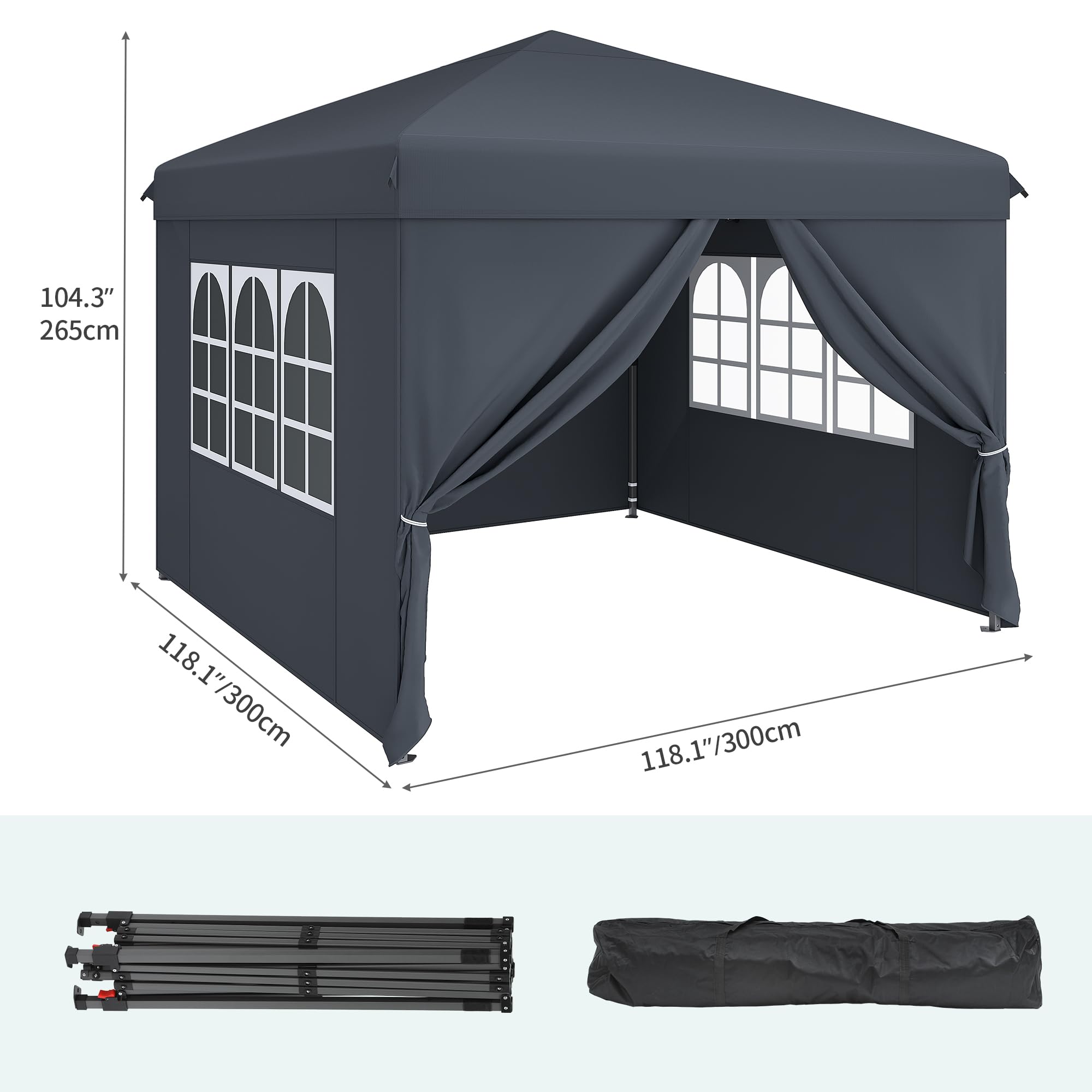 YITAHOME 3x3M Outdoor Pop Up Gazebo with Sides and Windows, Waterproof Folding Garden Canopy All Seasons Camping Gazebo Anti-UV with Adjustable Height Stakes Rope Carry & Weight Bags for Party Event
