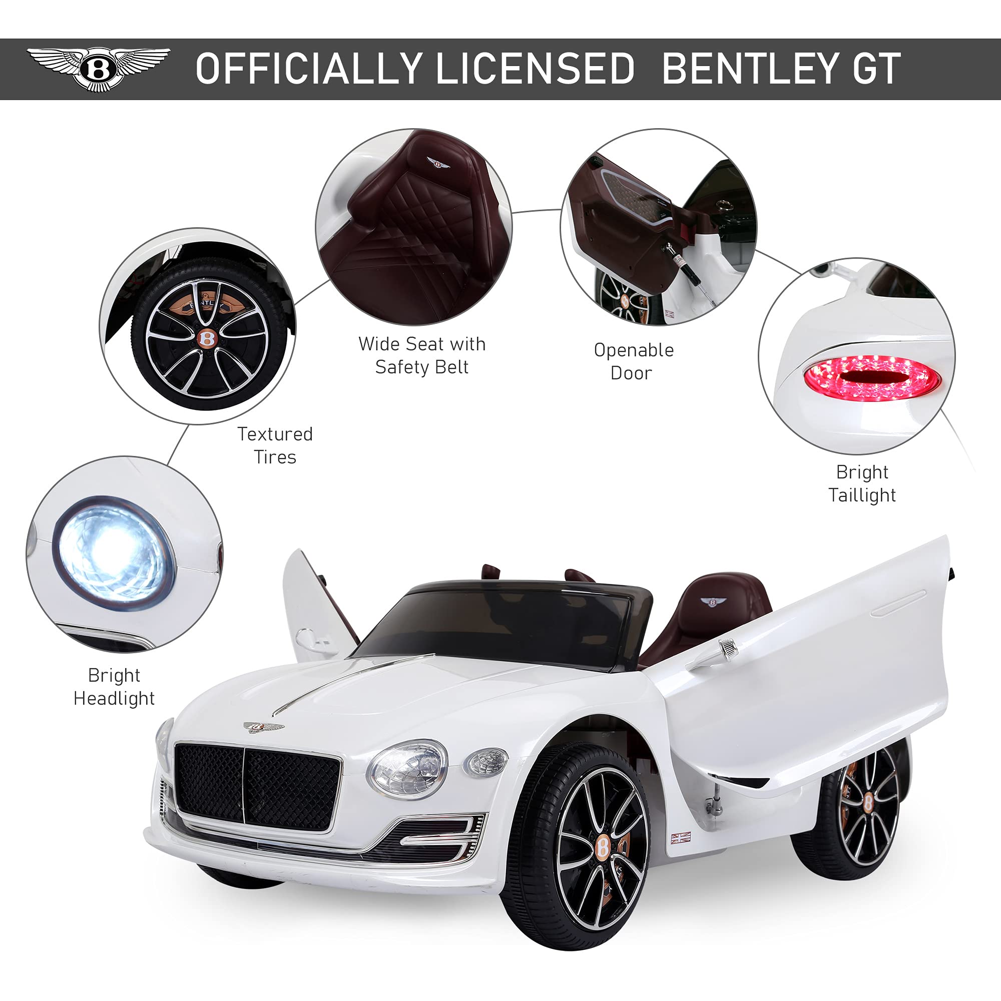 HOMCOM Bentley GT Licensed 12V Electric Car for Kids, Kid's Electric Ride on with Remote Control, Ride on Car with LED Lights, Music, for 3-5 Years, Black