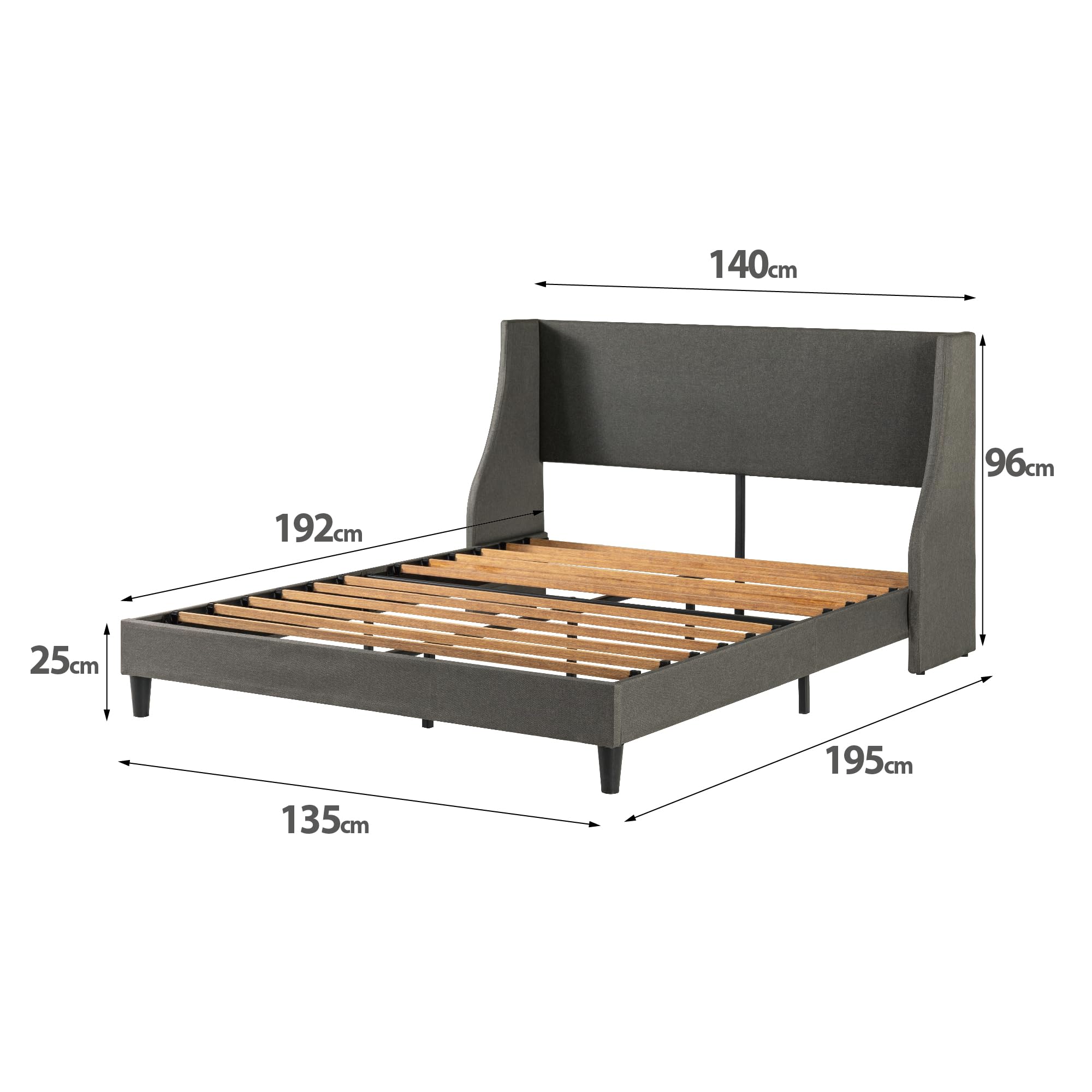 Zinus Evelyn Double Bed frame - Bed 135x190 cm - 25cm Height - Upholstered Bed frame with Wide Wingback Headboard - Dark Grey