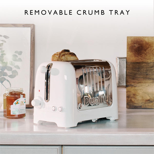 Dualit 2 Slice Lite Toaster | 1.1kW Toasts 60 Slices an Hour | Polished with High Gloss White Trim | Bagel & Defrost Settings | 36 mm Wide Slots |