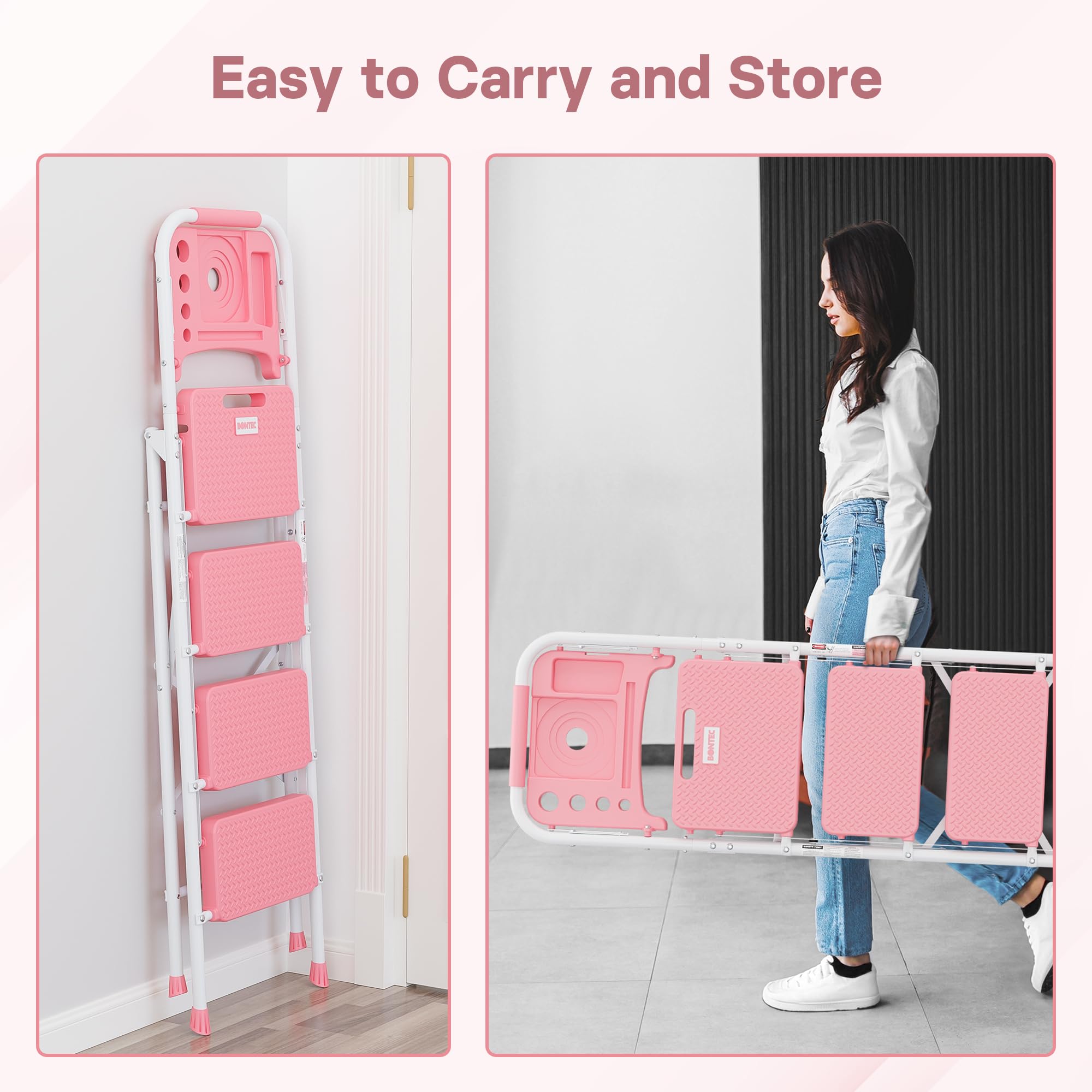 BONTEC 4 Step Ladder Folding, Heavy Duty Foldable Step Stool with Wide Anti-Slip Pedals, Sponge Handrail and Tool Tray, Portable Household Ladder 150kg Capacity, Compact Collapsible Indoor Ladder