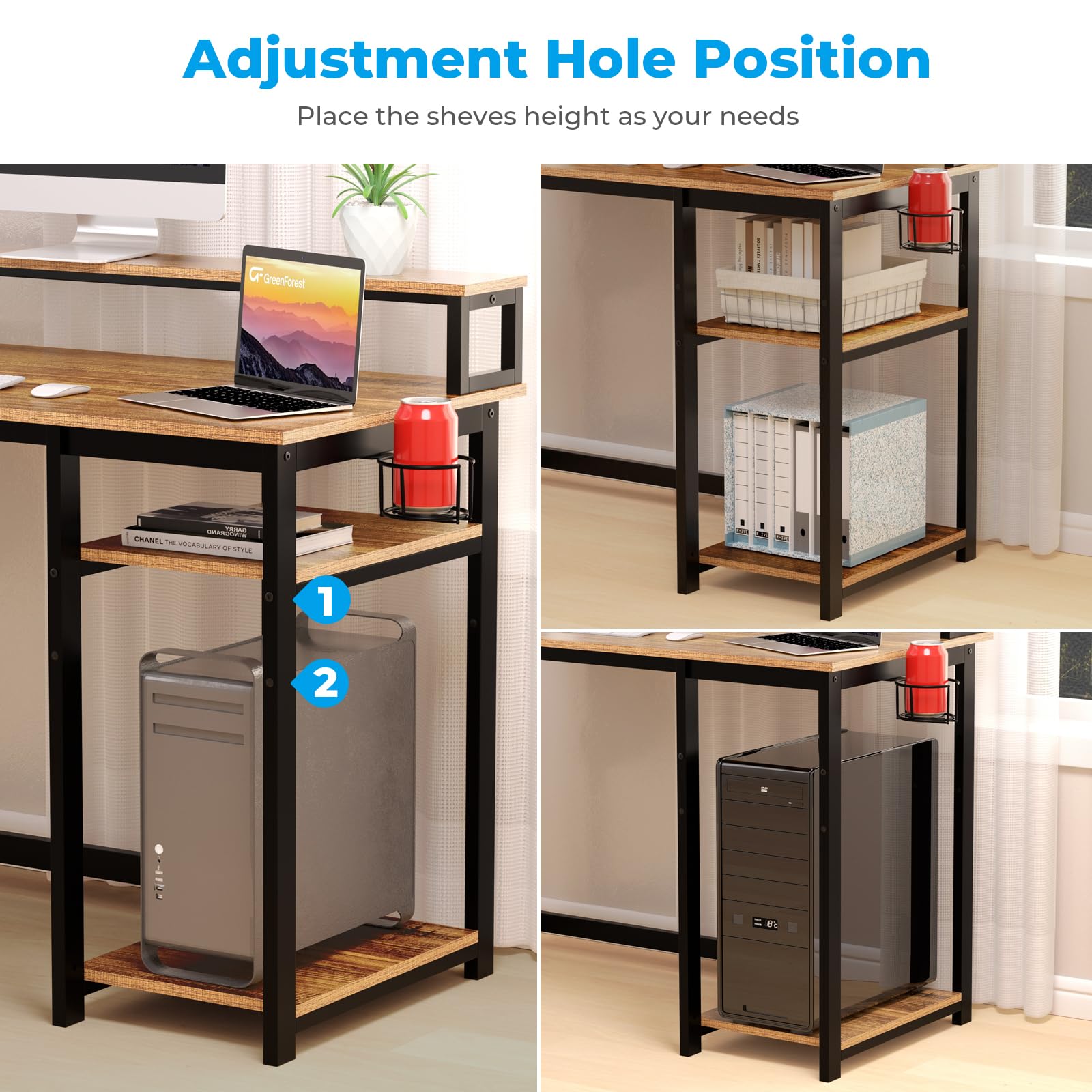 GreenForest Computer Desk with Full Monitor Stand,100 cm Home Office Desk with Reversible Storage Shelves,Small Study Desk with Headphone Hook and Cup