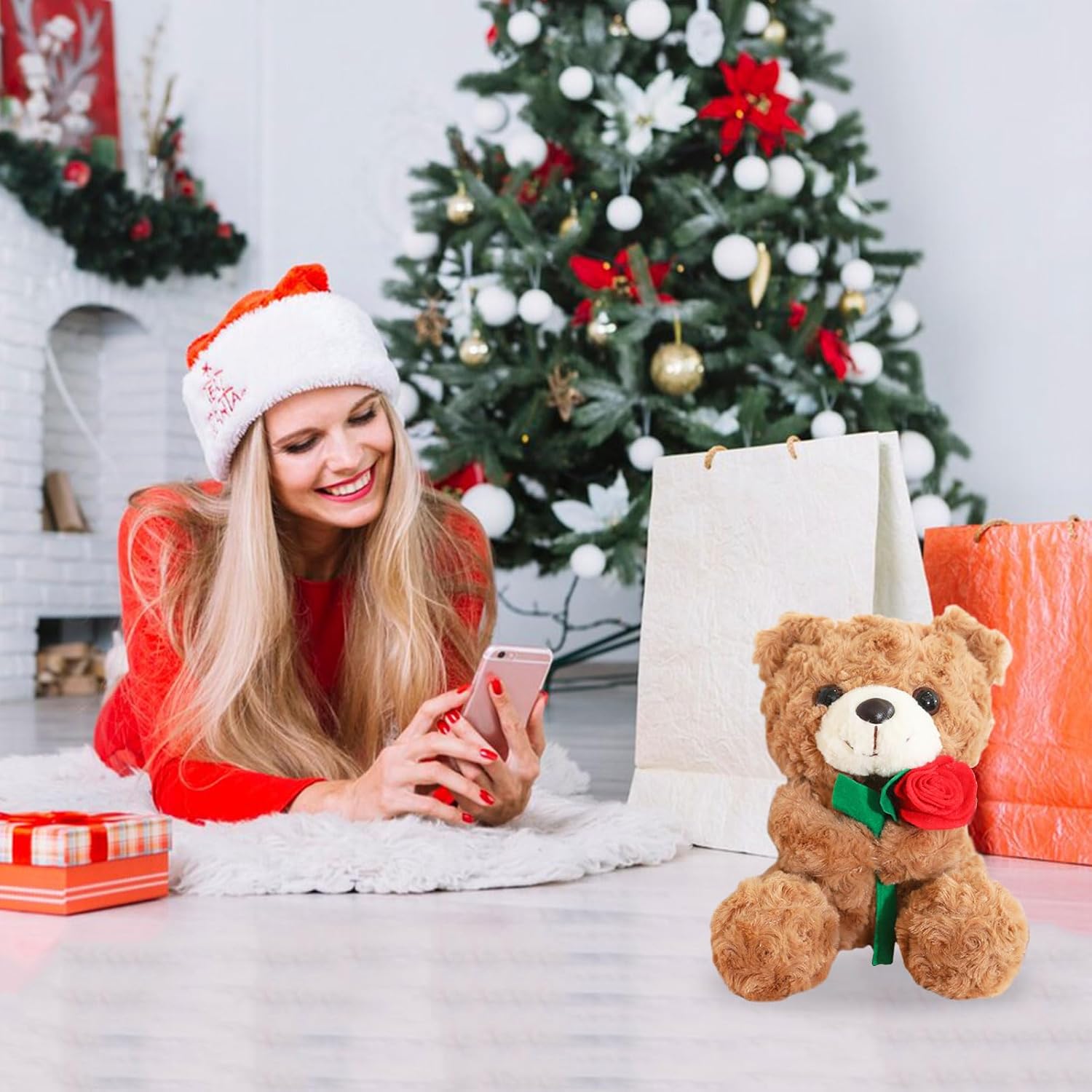 Christmas Teddy Bear Plush Toy, 25cm Cuddly Christmas Cute Soft Plush Toy With Rose,Christmas Stuffed Pillow Doll, Xmas Stuffed Animals Gifts for Kids Girlfriends Boyfrieds