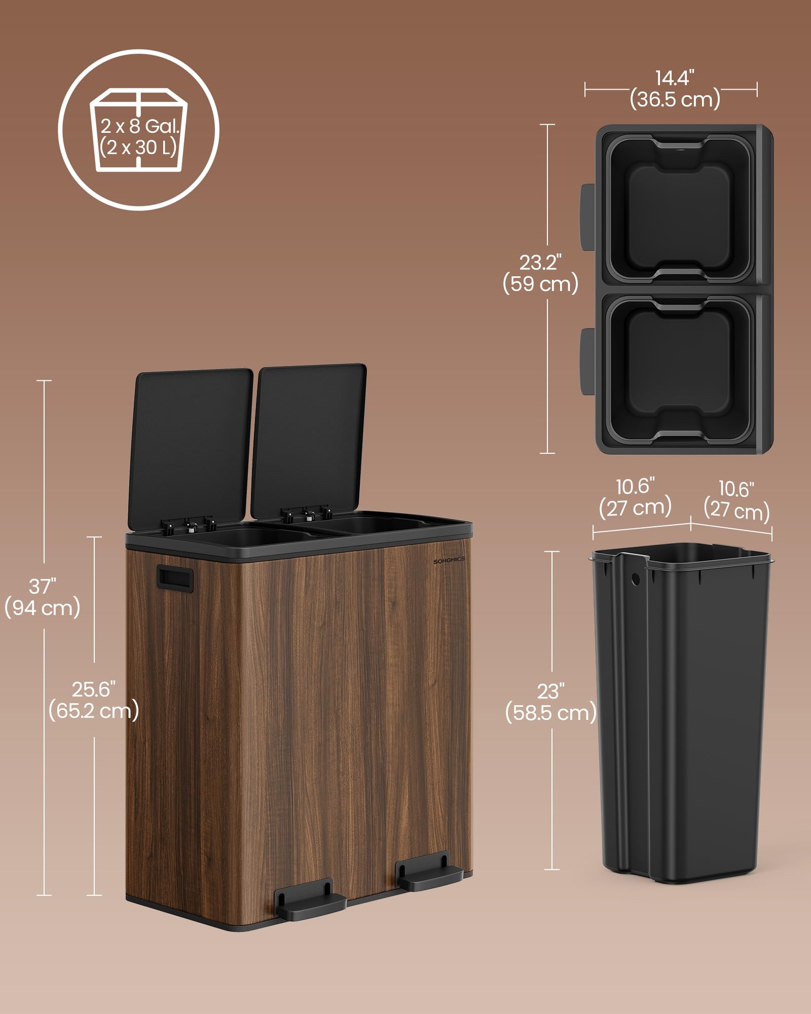 SONGMICS Dual Rubbish Bin, 2 x 30 L Recycling Bin with 15 Rubbish Bags, 2-Compartment Metal Pedal Bin with Lids and Plastic Inner Buckets, Soft Closure, Slate Grey LTB060G01