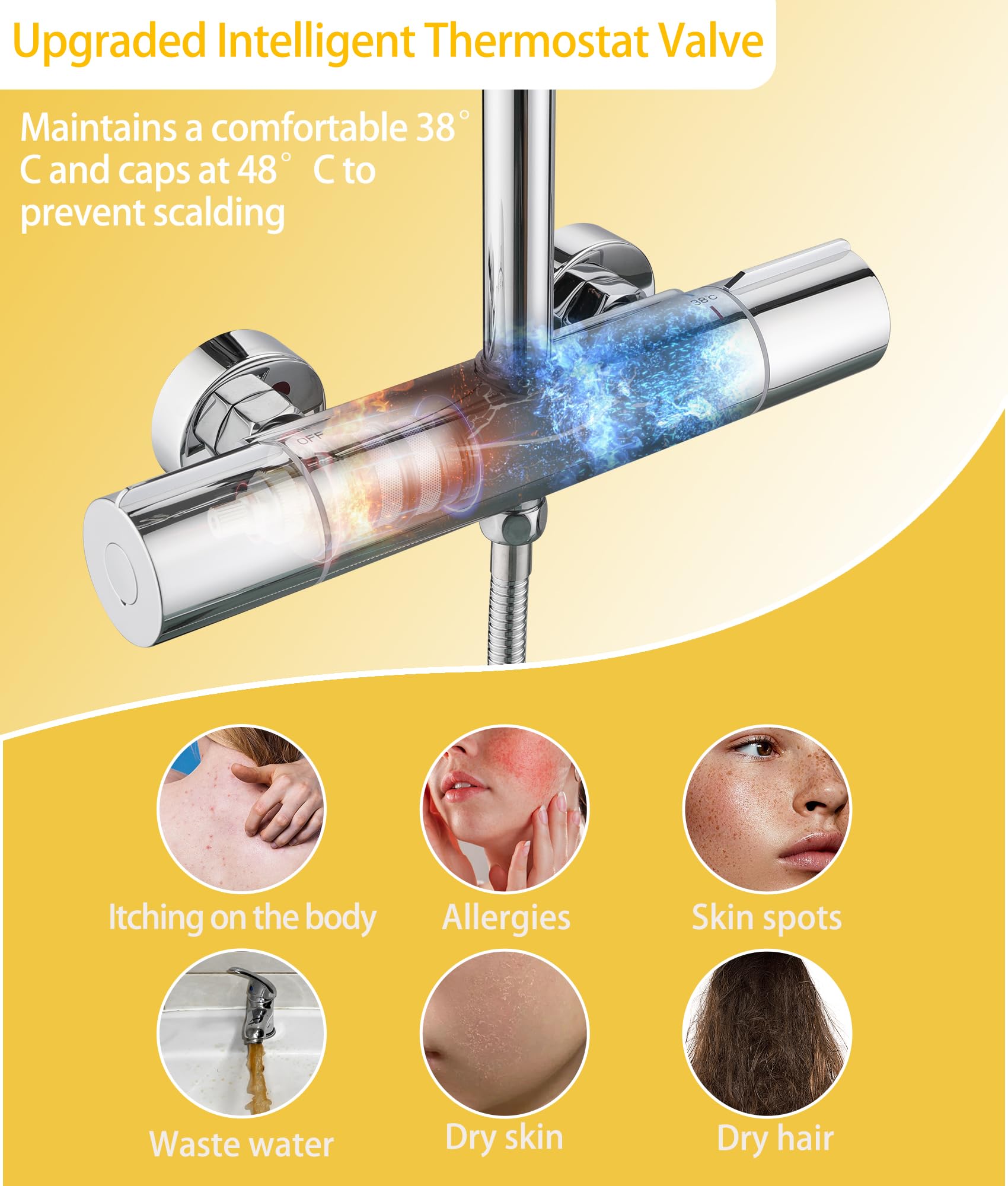 Thermostatic Shower Mixer Set,38°C Thermostatic Shower System with Rainfall Shower Head,3-Mode Handheld Shower,Adjustable Height Stainless Steel Shower Set (Black)