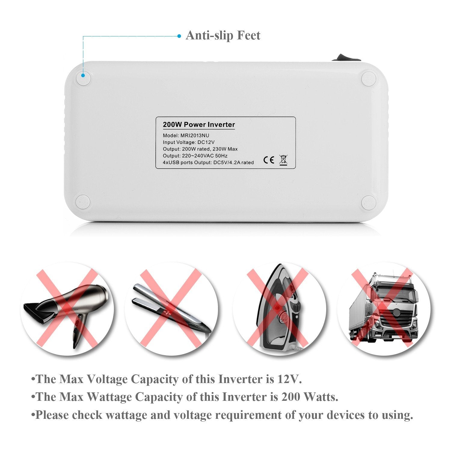 BESTEK 200W Power Inverter DC 12V to AC 230V 240V Dual Socket Car Voltage Converter Transformer with 4 USB Car Charger