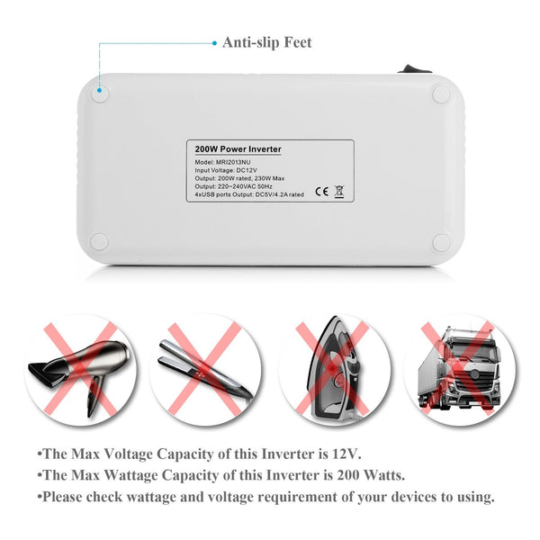 BESTEK 200W Power Inverter DC 12V to AC 230V 240V Dual Socket Car Voltage Converter Transformer with 4 USB Car Charger