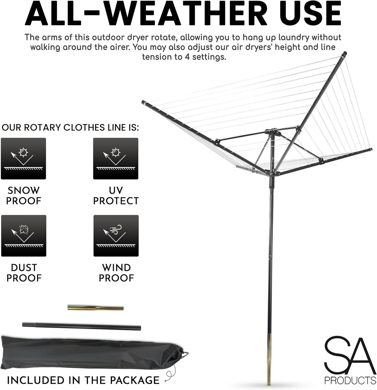 SA Products Rotary Washing Line | 45m Rotating Heavy Duty Clothes Airer Outdoor | Garden 4 Arm Rotary Washing Line | Washing Line Rotary with Ground Spike & Cover