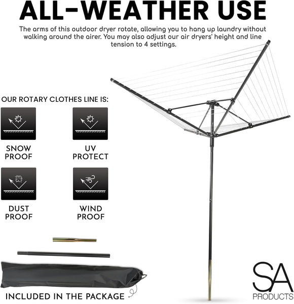 SA Products Rotary Washing Line | 45m Rotating Heavy Duty Clothes Airer Outdoor | Garden 4 Arm Rotary Washing Line | Washing Line Rotary with Ground Spike & Cover