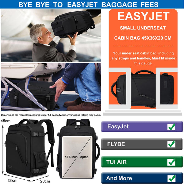 Cabin Bags 40x20x25 for Ryanair Underseat 20L Small Travel Hand Luggage Backpack Carry-ons Bag Cabin Size for Airplanes Flight Bag Travel Rucksack Fit 14 Inch Laptop with USB Charging Port-Black